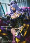  1girl breasts camilla_(fire_emblem) circlet cleavage fire_emblem fire_emblem_fates gloves hair_over_one_eye horns large_breasts lips long_hair looking_at_viewer nudtawut_thongmai pink_eyes purple_gloves purple_hair smile solo spread_legs staff thighs veins veiny_breasts 