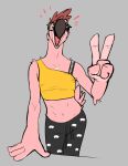  anthro avian beak bird clothed clothing crossdressing eyewear flamingo gesture glasses male open_mouth ritts simple_background solo standing v_sign 