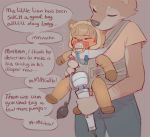  age_difference ambiguous/ambiguous ambiguous_gender anthro anthro_on_anthro blush bodily_fluids bottomwear brown_background canid canine canis clothed clothing crying cub domestic_dog duo english_text eyes_closed fully_clothed hitachi_magic_wand holding_object holding_sex_toy husky inflatable_buttplug looking_at_another mammal nordic_sled_dog pacifier pants sex_toy shirt simple_background size_difference skidoo spitz standing t-shirt tears text topwear toying_partner vibrator young 