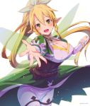  1girl artist_name blonde_hair breasts cleavage emu_(trigger) eyebrows_visible_through_hair green_eyes hair_between_eyes highres large_breasts leafa open_mouth pointy_ears simple_background solo sword_art_online wings 