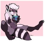  anthro breasts cup ear_piercing featureless_crotch female furkinghell looking_at_viewer mammal piercing procyonid raccoon simple_background solo spiked_wristband wristband 
