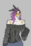  accipitriform anthro avian beak bird breasts clothed clothing feathers female hair looking_at_viewer non-mammal_breasts ritts secretary_bird simple_background solo standing tattoo 