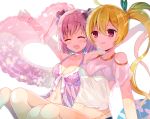  2girls :d ^_^ bangs bare_shoulders bikini bikini_under_clothes black_bikini blonde_hair blush bow breasts cleavage closed_eyes collarbone commentary_request eyebrows_visible_through_hair hair_between_eyes hair_bow hair_ornament hairclip heart heart-shaped_innertube innertube long_hair magia_record:_mahou_shoujo_madoka_magica_gaiden mahou_shoujo_madoka_magica makino_ikumi medium_breasts midori_ryou multiple_girls open_mouth outstretched_arms pink_hair ponytail red_bow red_eyes see-through shikino_(sikinonono) shirt short_hair sitting smile swimsuit transparent two_side_up very_long_hair white_background white_shirt x_hair_ornament 