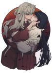  1boy 1girl animal_ears black_hair couple dog_ears eye_contact hakama hetero hug imminent_kiss inuyasha inuyasha_(character) japanese_clothes kikyou_(inuyasha) long_hair looking_at_another miko motakokun ponytail sidelocks silver_hair simple_background smile upper_body very_long_hair white_background white_hair wide_sleeves yellow_eyes 