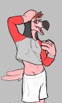  anthro avian beak bird clothed clothing eyewear flamingo glasses hoodie looking_at_viewer male open_mouth ritts simple_background solo standing topwear 