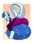  ball blue_eyes blue_hair blue_markings blue_skin blush butt clothed clothing crossdressing cryozen dragon exercise exercise_ball feet girly hair hi_res horn invalid_tag lavenderpandy male markings scalie shirt simple_background solo tank_top thick_ass tight_clothing topwear wings yoga_pants 
