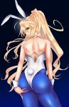  1girl animal_ears artoria_pendragon_(all) artoria_pendragon_(lancer) ass ass_grab blonde_hair blue_legwear breasts bunny_ears bunny_tail bunnysuit fate/grand_order fate_(series) grabbing_own_ass green_eyes highres large_breasts nana73 parted_lips tail thighs 