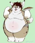  2019 anthro belly belly_overhang big_belly blush bodily_fluids brown_hair chubby_cheeks clothed clothing cookie drooling eating felid feline food fur hair hi_res holding_food holding_object lynx male mammal moobs navel obese obese_male open_mouth open_smile overweight overweight_male portlypigeon saliva smile solo spots spotted_fur standing tan_fur thick_thighs topless white_fur wide_hips 