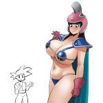  1boy 1girl armor bikini_armor black_eyes black_hair blush breasts cape chi-chi_(dragon_ball) cleavage closed_mouth commentary donburikazoku dragon_ball dragon_ball_(classic) gloves helmet highres huge_breasts long_hair open_mouth simple_background smile son_gokuu spiked_hair thumbs_up white_background 