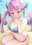  1girl beach bikini blue_bikini blue_hair blue_ribbon blush breasts cleavage commentary day from_above hair_ribbon highres hololive igakusei long_hair looking_at_viewer medium_breasts minato_aqua multicolored_hair ocean outdoors parted_lips purple_eyes purple_hair ribbon sitting solo striped striped_bikini swimsuit thighs twintails two-tone_hair virtual_youtuber 