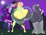  anthro big_breasts breasts cleavage clothed clothing equestria_girls equid female flutterbat_(mlp) fluttershy_(mlp) friendship_is_magic group hand_on_breast hi_res horn huge_breasts hyper hyper_breasts idw_publishing mammal midnight_sparkle_(eg) my_little_pony my_little_pony_(idw) night nightmare_rarity_(idw) outside skyearts unicorn 