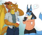  2019 anthro belt beverage blue_eyes bottomwear clothed clothing crossdressing dragon duo eyewear girly glasses hi_res humor jeans jeffthehusky lucario lucas_arynn male nintendo pants pok&eacute;mon pok&eacute;mon_(species) reptile scalie shorts smile soda sweater teeth topwear video_games wings 