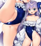  1girl :o bangs bare_hips bare_shoulders blue_eyes blue_ribbon blue_swimsuit cameltoe casual_one-piece_swimsuit closed_mouth collarbone commentary_request contrapposto covered_navel eyebrows_visible_through_hair fate/grand_order fate_(series) flat_chest frilled_swimsuit frills hair_between_eyes hair_ribbon head_out_of_frame highleg highleg_swimsuit highres leg_up long_hair long_sleeves looking_at_viewer meltryllis_(swimsuit_lancer)_(fate) multiple_views one-piece_swimsuit open_mouth partially_visible_vulva puffy_long_sleeves puffy_sleeves purple_hair ribbon sakura_yuki_(clochette) sleeves_past_fingers sleeves_past_wrists split standing standing_on_one_leg standing_split sweat swimsuit thighs v-shaped_eyebrows very_long_hair 