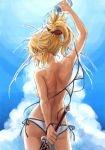  1girl alternate_breast_size arm_behind_back arm_up ass back bangs bare_back bikini bikini_top_removed blonde_hair blue_sky blush bottle bracelet braid breasts clarent closed_eyes closed_mouth eyebrows_visible_through_hair fate/apocrypha fate_(series) french_braid from_behind hair_ornament hair_scrunchie highres holding holding_bottle holding_sword holding_weapon jewelry long_hair medium_breasts mordred_(fate) mordred_(fate)_(all) ponytail pouring_onto_self red_scrunchie scrunchie shoulder_blades sidelocks sky smile solo swimsuit sword tan tanline thighs tonee v-shaped_eyebrows water_bottle weapon wet white_bikini 