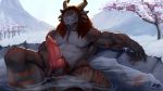  16:9 animal_genitalia anthro charr erection facial_hair felid goatee guild_wars horn knot looking_at_viewer male mammal muscular muscular_male outside partially_submerged pubes sheath smile solo video_games zephyxus 