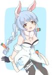  1girl absurdres animal_ear_fluff animal_ears armband armpits bare_shoulders black_gloves blue_background blue_hair braid breasts bunny_ears bunny_girl buttons carrot carrot_hair_ornament cleavage eyebrows eyebrows_visible_through_hair food_themed_hair_ornament gloves hair_ornament highres hololive leg_garter long_braid long_hair looking_at_viewer medium_breasts multicolored_hair open_mouth orange_eyes pantyhose pocket sasakungoodsize scarf simple_background sitting solo twin_braids two-tone_hair upper_teeth usada_pekora virtual_youtuber white_hair 