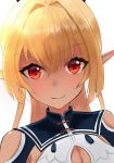  1girl aoihosboshi bangs bare_shoulders blonde_hair breasts chinese_clothes cleavage cleavage_cutout closed_mouth dark_skin elf eyebrows_visible_through_hair hair_between_eyes highres hololive long_hair looking_at_viewer pointy_ears red_eyes shiny shiny_hair shiranui_flare shoulder_cutout smile solo tagme virtual_youtuber white_background 