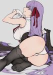  1girl :q ass bangs bare_shoulders bb_(fate)_(all) bb_(fate/extra_ccc) black_coat black_legwear breasts coat coat_removed fate/extra fate/extra_ccc fate_(series) feet gloves grey_background hair_ribbon haoni high-waist_skirt highres large_breasts legs leotard licking_lips long_hair looking_at_viewer looking_back neck_ribbon purple_eyes purple_hair red_ribbon ribbon simple_background skirt smile solo thighhighs thighs tongue tongue_out very_long_hair white_gloves white_leotard 