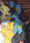  &lt;3 3_toes backsack balls bed black_fur blue_fur blush bodily_fluids cum duo eeveelution female feral fur genital_fluids hi_res japanese_text jolteon licking light luxio male male/female nekonade nintendo open_mouth paws penis perineum pok&eacute;mon pok&eacute;mon_(species) quilava semi-anthro soles sweat text toes tongue tongue_out video_games white_fur yellow_fur 