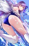  1girl :q ass ass_focus bare_shoulders blue_eyes blue_swimsuit commentary_request eyebrows_visible_through_hair fate/grand_order fate_(series) hair_ornament hair_ribbon highres long_hair long_sleeves looking_at_viewer meltryllis purple_hair ribbon shumiao smirk solo swimsuit thighhighs thighs tongue tongue_out very_long_hair water white_legwear 