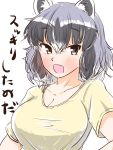  1girl alternate_costume animal_ears blush breasts cleavage collarbone commentary_request common_raccoon_(kemono_friends) eyebrows_visible_through_hair fang highres kemono_friends large_breasts ngetyan shirt t-shirt translation_request tsurime 