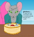  2018 amy_stereo anthro blowing bow breasts cake candle cleavage clothed clothing cybercorn_entropic definition english_text female food fur glusburn green_eyes grey_fur grey_hair hair hi_res mammal mouse murid murine rodent smoke solo text the_meaning_of_liff wax whiskers white_fur 