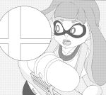 absurd_res cephalopod collarbone female gun hair hi_res humanoid_pointy_ears inkling long_hair looking_at_object marine mollusk monochrome nintendo nrvos open_mouth pseudo_hair ranged_weapon smash_ball solo splatoon super_smash_bros. teeth tentacle_hair tentacles tongue video_games weapon young 