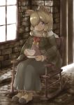  1girl alpaca_ears alpaca_suri_(kemono_friends) alternate_costume animal_ears bangs blonde_hair blue_eyes chair cloak closed_mouth cup day door extra_ears eyebrows_visible_through_hair full_body fur-trimmed_footwear fur-trimmed_sleeves fur_scarf fur_trim hair_over_one_eye highres holding holding_cup holding_saucer horizontal_pupils indoors kemono_friends light_smile long_skirt looking_at_viewer medium_hair neck_ribbon okyao parted_bangs plaid plaid_cloak ribbon rocking_chair saucer scarf shoes sidelocks sitting skirt solo steam sweater window 
