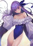  1girl bare_shoulders blue_bow blue_eyes bow choker collarbone eyebrows_visible_through_hair fate/grand_order fate_(series) flat_chest frills hair_bow long_hair meltryllis meltryllis_(swimsuit_lancer)_(fate) one-piece_swimsuit oukawa_yuu parted_lips purple_hair sleeves_past_wrists solo swimsuit very_long_hair water 