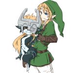  1:1 2016 370ml armor bare_shoulders blonde_hair blue_eyes breasts clothing duo featureless_breasts female hair headgear helmet humanoid humanoid_pointy_ears hylian link long_hair male markings mask midna nintendo not_furry orange_hair red_eyes simple_background smile the_legend_of_zelda twili twilight_princess video_games white_background 