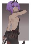  1girl ass back backless_outfit bangs bare_shoulders black_bodysuit black_sleeves bodysuit closed_mouth dark_skin detached_sleeves eyebrows_visible_through_hair fate/prototype fate/prototype:_fragments_of_blue_and_silver fate_(series) grey_background hair_between_eyes hassan_of_serenity_(fate) holding holding_weapon i.u.y kunai long_sleeves looking_at_viewer looking_back purple_eyes purple_hair sleeves_past_wrists solo two-tone_background v-shaped_eyebrows weapon white_background 