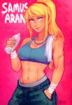  1girl abs bandaid_on_arm bangs biceps blonde_hair blue_eyes bottle breasts camouflage camouflage_pants casual chain_necklace character_name cleavage hand_in_pocket iahfy lips long_hair medium_breasts metroid midriff mole mole_under_mouth nose pants pink_background ponytail samus_aran solo sports_bra stomach sweat swept_bangs toned towel towel_on_one_shoulder water_bottle wrist_wrap 