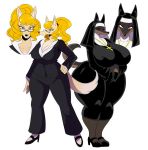  2018 absurd_res anthro big_breasts black_clothing black_fur black_nose blonde_hair blue_eyes breasts canid canine canis christian_symbol christianity cleavage clothed clothing collarbone cross cross_necklace dobermann domestic_dog duo eyewear female footwear frown fully_clothed fur glasses hair half-closed_eyes hand_on_hip hi_res high_heels huge_breasts jewelry laverne_(sssonic2) leia_(sssonic2) mammal multicolored_fur necklace nun office_lady overweight overweight_female pinscher ponytail prick_ears religion shoes sssonic2 standing suit thick_thighs two_tone_fur voluptuous wide_hips yellow_eyes 