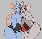  anthro big_breasts bikini breasts clothed clothing duo female hug huge_breasts looking_at_viewer mammal mouse murid murine ritts rodent slightly_chubby smile standing swimwear teeth 