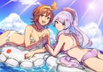  2girls :d ass bikini blue_eyes blue_sky brown_hair closed_mouth cloud day eyebrows_visible_through_hair hair_between_eyes hair_ornament hairband halterneck holding_hands interlocked_fingers jewelry kaname_buccaneer long_hair looking_at_viewer lying macross macross_delta mikumo_guynemer multiple_girls necklace ocean on_stomach open_mouth outdoors purple_bikini purple_hair red_eyes shimatani_azu shiny shiny_hair short_hair shoulder_blades sky smile sunlight swimsuit very_long_hair water white_bikini yellow_hairband 