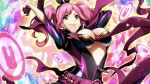  1girl arms_up belt black_bodysuit black_bra bodysuit bra breasts cleavage gloves half_gloves large_breasts leaning_back long_hair long_sleeves macross macross_delta makina_nakajima official_art partially_unzipped pink_belt pink_hair red_gloves shiny shiny_clothes shiny_hair solo sparkle twintails underboob underwear upper_body 