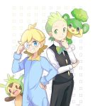  2boys :3 adjusting_eyewear ahoge artist_name black_eyes black_pants black_vest blonde_hair blue_bodysuit blue_eyes blush bodysuit bow bowtie chespin citron_(pokemon) closed_mouth dent_(pokemon) forehead formal gen_5_pokemon gen_6_pokemon glasses green_eyes green_hair green_neckwear grin gym_leader hand_on_hip hand_up light_blush long_sleeves looking_at_another looking_at_viewer looking_to_the_side male_focus mei_(maysroom) multiple_boys outline pansage pants pokemon pokemon_(creature) pokemon_(game) pokemon_bw pokemon_xy shirt signature simple_background smile standing suit teeth vest white_background white_shirt 