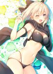  1girl ;d ahoge armband armpits bare_shoulders bikini black_bikini black_bow black_scarf blonde_hair blush bow breasts cleavage commentary_request cowboy_shot fate/grand_order fate_(series) groin hair_bow half_updo hand_up highleg highleg_bikini highres large_breasts looking_at_viewer navel okita_souji_(fate)_(all) okita_souji_(swimsuit_assassin)_(fate) one_eye_closed open_mouth scarf short_hair smile solo stomach swimsuit toosaka_asagi v yellow_eyes 