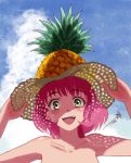  :d adjusting_clothes adjusting_hat aries_spring bare_shoulders blue_sky chutohampa cloud dappled_sunlight day food fruit green_eyes hat heterochromia kanata_no_astra looking_at_viewer open_mouth outdoors pineapple pink_hair short_hair sky smile sun_hat sunlight yellow_eyes 