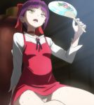  1girl bangs dress eyebrows_visible_through_hair fan gegege_no_kitarou haruyama_kazunori hot long_sleeves nekomusume nekomusume_(gegege_no_kitarou_6) purple_hair red_dress shirt short_hair solo white_shirt yellow_eyes 