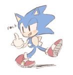  anthro black_eyes blue_fur blush blush_stickers buke3jp clothing english_text eulipotyphlan footwear fur gesture gloves handwear hedgehog male mammal middle_finger profanity shoes simple_background solo sonic_(series) sonic_the_hedgehog text tongue tongue_out walking white_background 