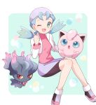 antenna_hair aqua_background aqua_eyes aqua_hair artist_name bike_shorts blue_eyes border breasts closed_mouth cropped_jacket crystal_(pokemon) floating full_body gen_1_pokemon gen_2_pokemon hands_up happy invisible_chair jacket jigglypuff knees_together_feet_apart long_sleeves looking_at_viewer mei_(maysroom) misdreavus one_eye_closed open_mouth pink_shirt pokemon pokemon_(creature) pokemon_(game) pokemon_gsc purple_headwear red_eyes shirt shoes signature simple_background sitting small_breasts smile tied_hair twintails white_border white_jacket yellow_sclera 