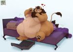  &lt;3 2019 anthro arkveveen_(artist) bed belly belly_overhang beverage big_belly big_butt box butt claws felid fur hi_res lion male mammal mane moobs nude obese obese_male on_bed overweight overweight_male pantherine sitting smile soda solo tan_fur toe_claws weighing_scale wide_hips 