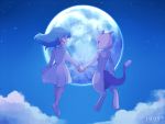  1998 1girl ai_(pokemon) aqua_hair artist_name blue_eyes blue_sky closed_mouth cloud crying dress eye_contact floating from_behind full_body furry gen_1_pokemon happy holding_hands horns legendary_pokemon long_hair long_sleeves looking_at_another mei_(maysroom) mewtwo moon night night_sky number open_mouth outdoors pokemon pokemon_(anime) pokemon_(creature) pokemon_m01 shoes signature sky smile star_(sky) starry_sky tail tears white_dress white_footwear 