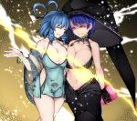  2girls ^_^ adapted_costume aoshima aqua_dress asymmetrical_docking bangle bangs bare_arms bare_shoulders black_gloves black_headwear black_skirt blob blue_eyes blue_hair bracelet breast_press breasts cleavage closed_eyes collarbone commentary_request cowboy_shot detached_sleeves doremy_sweet dress drill_hair drill_locks ear_piercing eyebrows_visible_through_hair facing_another floral_print gloves gradient gradient_background grey_background grin hair_ornament hair_rings hair_stick halterneck hand_up highres holding jewelry kaku_seiga large_breasts light_particles long_sleeves multiple_girls navel parted_lips piercing short_dress short_hair skirt smile standing stomach thighs touhou wide_sleeves yellow_background 
