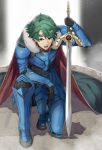  1boy absurdres alm_(fire_emblem) armor armored_boots boots cape falchion_(fire_emblem) fire_emblem fire_emblem_echoes:_shadows_of_valentia fire_emblem_heroes fur_trim gloves green_eyes green_hair headband highres kneeling male_focus open_mouth pretty-purin720 solo teeth 