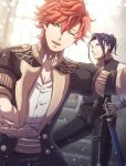  2boys black_hair felix_hugo_fraldarius fire_emblem fire_emblem:_three_houses hair_bun lilly0723euro male_focus multiple_boys one_eye_closed open_mouth orange_eyes orange_hair sparkle sword sylvain_jose_gautier weapon 