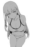  1girl absurdres arms_behind_back bare_shoulders bb_(fate)_(all) blush breasts cleavage collarbone commentary_request eyebrows_visible_through_hair fate/grand_order fate_(series) greyscale highres jp06 large_breasts long_hair looking_at_viewer monochrome panties shirt simple_background smile solo underwear white_background 