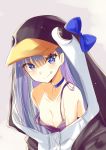  1girl :q animal_hood bangs bare_shoulders black_jacket blue_bow blue_choker blue_eyes blush bow breasts camisole choker cleavage closed_mouth collarbone commentary_request eyebrows_visible_through_hair fate/grand_order fate_(series) hair_between_eyes highres hizaka hood hood_up hooded_jacket jacket long_hair looking_at_viewer medium_breasts meltryllis meltryllis_(swimsuit_lancer)_(fate) penguin_hood purple_camisole purple_hair smile solo strap_slip tongue tongue_out upper_body 