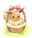  :3 basket blue_flower bow brown_eyes dated eevee flower gen_1_pokemon grass happy looking_at_viewer mei_(maysroom) no_humans open_mouth orange_flower outdoors paws pink_bow pink_flower pokemon pokemon_(creature) purple_flower simple_background sitting smile solo white_background white_flower yellow_flower 